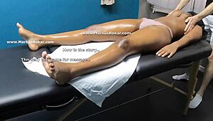 Sexy black amateur receives an oiled pussy massage on hidden cam in homemade setup.