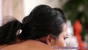 Lesbian Masseuse Licking Tanned Asian Beauty with Tattoos and Piercings