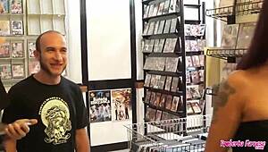 Italian MILF Roberta Farnse in sexy shop, drawn to big black cock for rough blowjob.