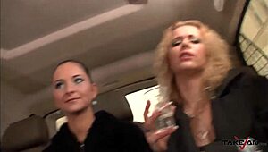 Three hotties sneaking an amateur dude into the car for a good fuck 😏