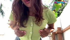 Sexy Tanned Shemale Teases Outdoors