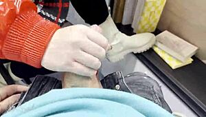 Risky public blowjob in furniture store with spit and cum handjob action.