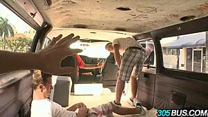 Pornstar babe bree olson fucks two guys on a bus for cash