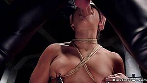 Gagged teen 18+ slave endures rough anal threesome