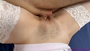 How does this sexy brunette rock white stockings for rough fucking?