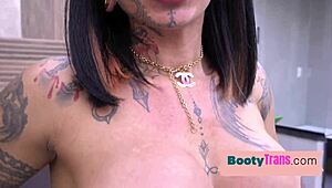 Split tongue curvy shemale babe sucks cock before bareback pounding in big ass.