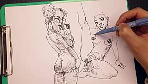 Hey, check out this porn artist sketching sexy girls super fast at work 😎