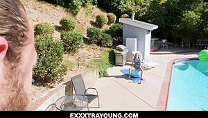 brad newman spots petite neighbor lily glee and joins her workout session