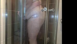 Chubby Mature Lady Shows Saggy Tits in Shower Scene