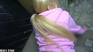 Blonde skinny amateur gets fucked bent over with facial cumshot in public