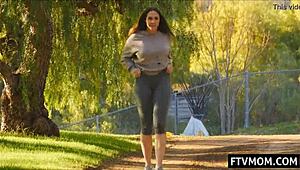 milf pornstar flashing her assets in a public spot