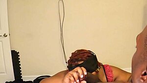 Ebony surprise delivers big tit blowjob and ass play