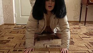 chubby lesbians in down coats bang with strapon for homemade fetish fun. look at that nice ass in doggy!