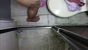 Latina Brunette Fingers Pussy and Ass in Bathroom