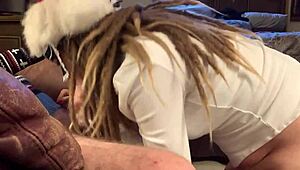 wow, this masked cutie in stockings is sucking cock so cutely