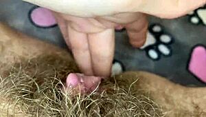 Extreme closeup of big clit licking with toy. Hairy pussy quivers during intense orgasm.