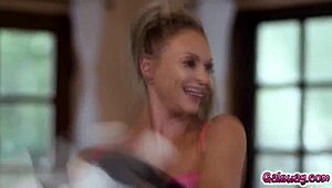 Eliza, Emma, and Gabbie start a pillow fight that turns into a lesbian threesome.