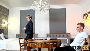 Tutor4k prankster hides tutors glasses and fucks mature woman in stockings missionary