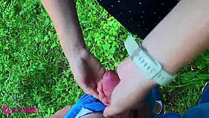 Student girl gives a public park blowjob and handjob to her classmate Nata Sweet