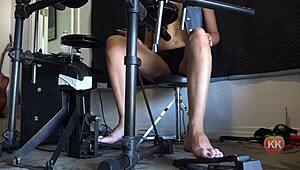 Drummer pedal pump with barefoot blonde.