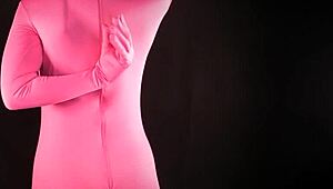 pink zentai outfit on brunette housewife with natural features and hood