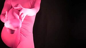 pink zentai outfit on brunette housewife with natural features and hood