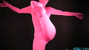 pink zentai outfit on brunette housewife with natural features and hood