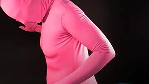 pink zentai outfit on brunette housewife with natural features and hood
