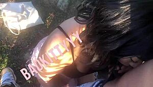 she deepthroats his bbc by the lake