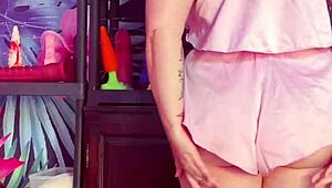 Teasing in silk pajamas with huge tits and big ass