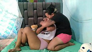 stepsister's caresses make her horny, leading to ass licking