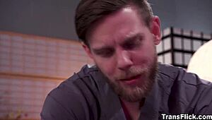 Janie Blades lets Steve Rickz ease her plump ass tension, leading to a hot oiled massage fuck session.