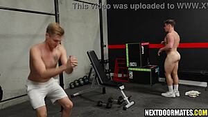 Gay Buff FUCKED BAREBACK by muscular hunk in sweaty gym session