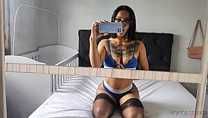tattooed brunette gives joi on tits