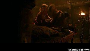 Rosario Dawson in Alexander 2004, getting her tits covered in cum after doggystyle fucking and handjob.