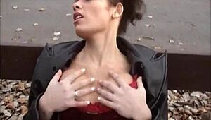 nasty brunette feels WET in public and starts touching herself