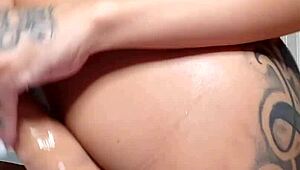 Delicious brunette uses dildo in pussy and ass seduction