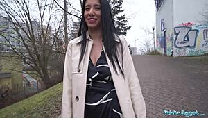 Public agent brunette plays with dildo and cock outdoors