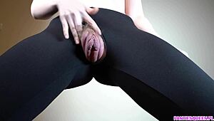 Fitness babe flaunting massive pumped pussy in torn leggings 4K