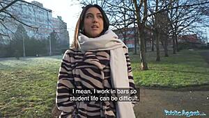 beautiful brunette student bends over for quick blowjob