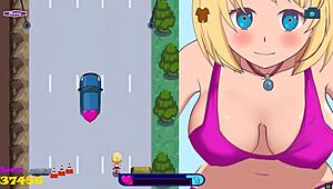 Riding to Bounce City in this hentai game with an exhibitionist girl on a dildo bike