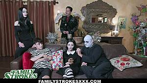 Audrey Noir and Kate Bloom in wild Addams stepfamily gangbang parody! 😜