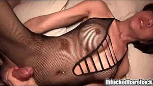 fishnet bodysuit ladyboy gets bareback anal action