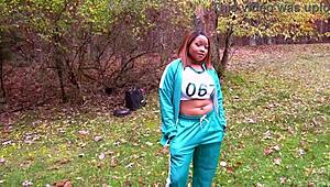 nina rivera and don whoe in cosplay squid games, fucking outside with big tits