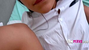 Petite Asian stepdaughter Vina Sky tempts her stepdad with irresistible charm in a kinky encounter.