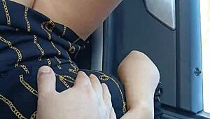 real public handjob with red nails in the car, cum everywhere!