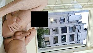 risky jerking off at open window, flashing cock to neighbors