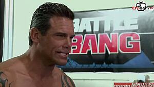 tattooed brunette with natural tits takes a sticky cumshot on her back.