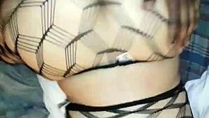 sexy latina in fishnets takes on huge challenge.