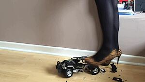 toy car gets crushed under high heels